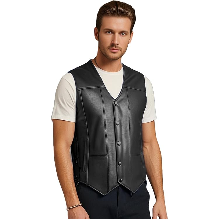 DGHM-JLMY Men's Multi-Zipper Lapel Short Leather Vests Slim