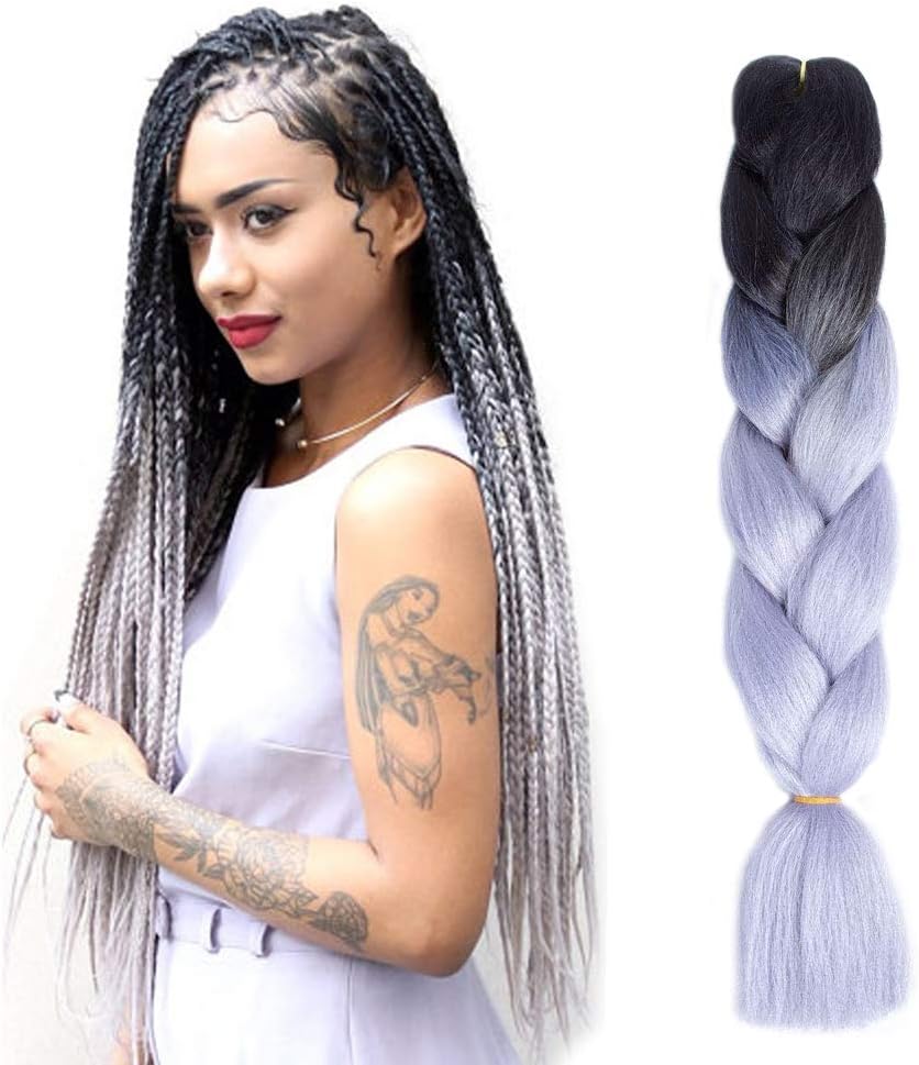 WIGENIUS 5Pcs/lot Jumbo Braid Hair Ombre Synthetic Braiding Hair Extensions Kanekalon Braiding Hair Crochet Braids Hair Extensions 24inch(Black silver gray)