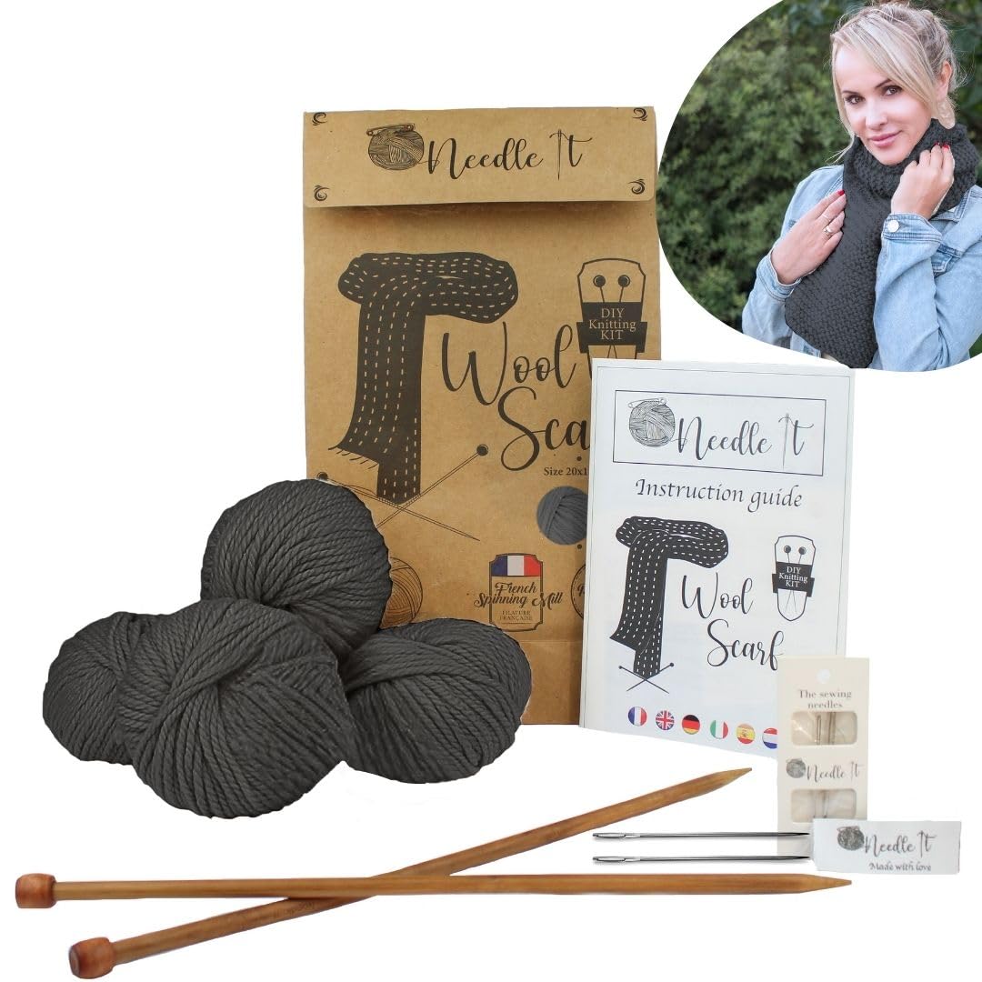Needle It® - Complete Beginner's Knitting kit with Knitting Needles - Knitting Wool Scarf - Gift Idea (Grey)