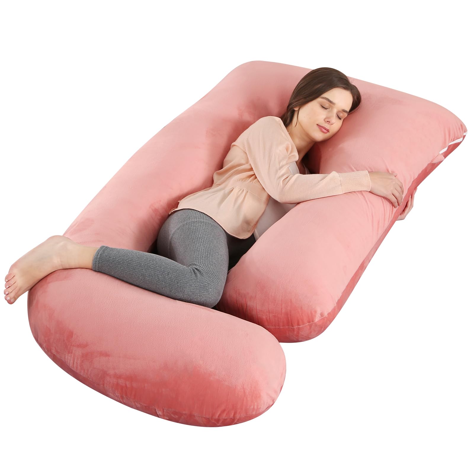 Photo 1 of Wndy's Dream 60 inch Pregnancy Pillow with Removable Velvet Cover, Side J Type Full-Body Pillow for Back, Legs and Belly Support, Comfortable Slumber for Pregnant Women (Velvet Cover, Cocoa Pink)