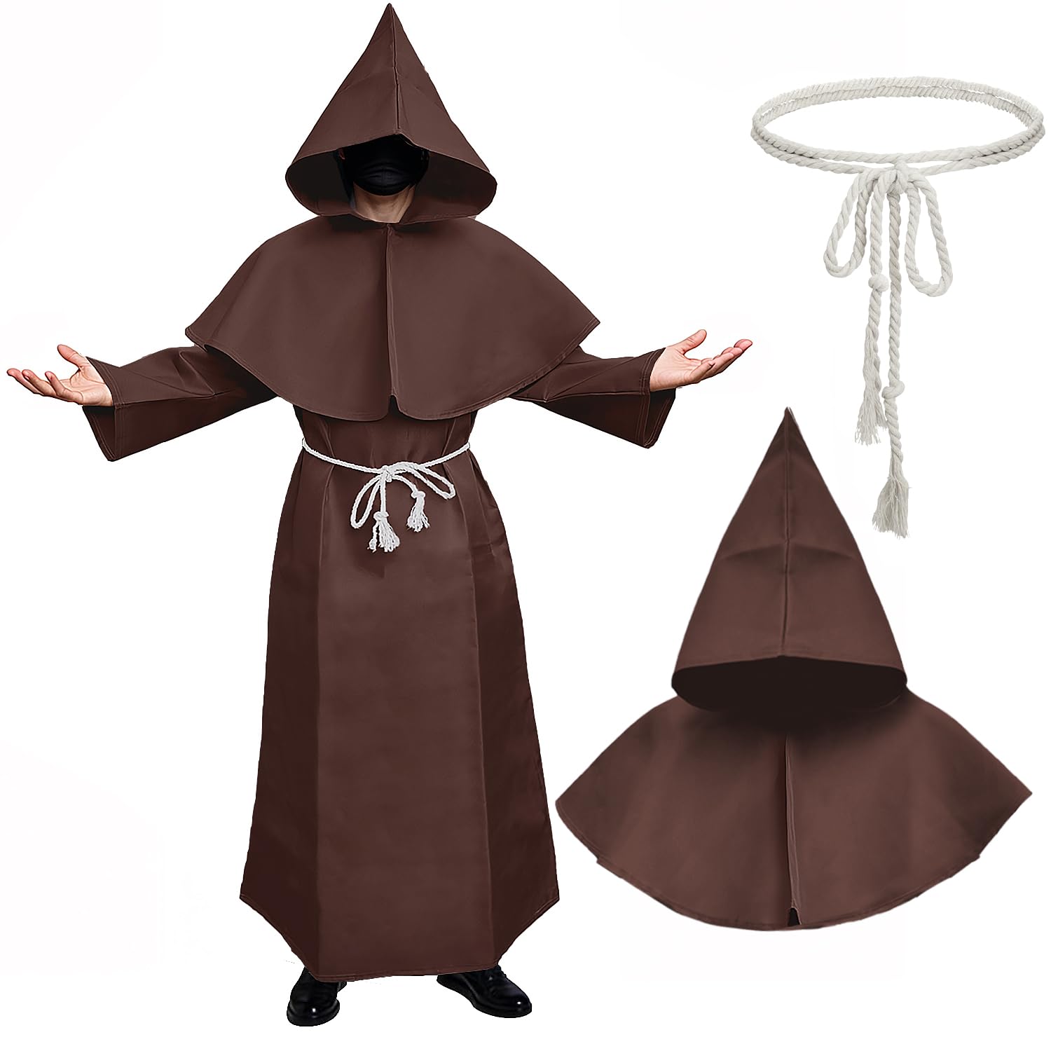 The Fancy Dress Halloween Monk Costume Medieval Hooded Cloak Renaissance Priest Robe with Waist Rope Costumes, Adult Wizard Vicar Devil Fancy Dress Outfits For Mens, Brown-Extra Large