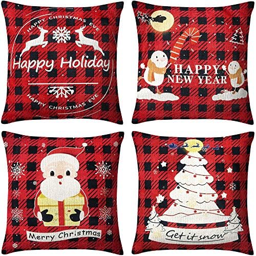BININBOX Christmas Pillow Covers 4 Set 18x18 Inches Linen Christmas
