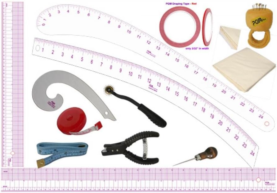 PGM Fashion Design Tools Set: Awl, Pattern Notcher, Tracing Wheel, Grid Rulers, French Curve, Measuring Tape, Curve Stick, Hip Curve, Vary Curve Rulers, Tape Measure, Muslin, Draping Tape