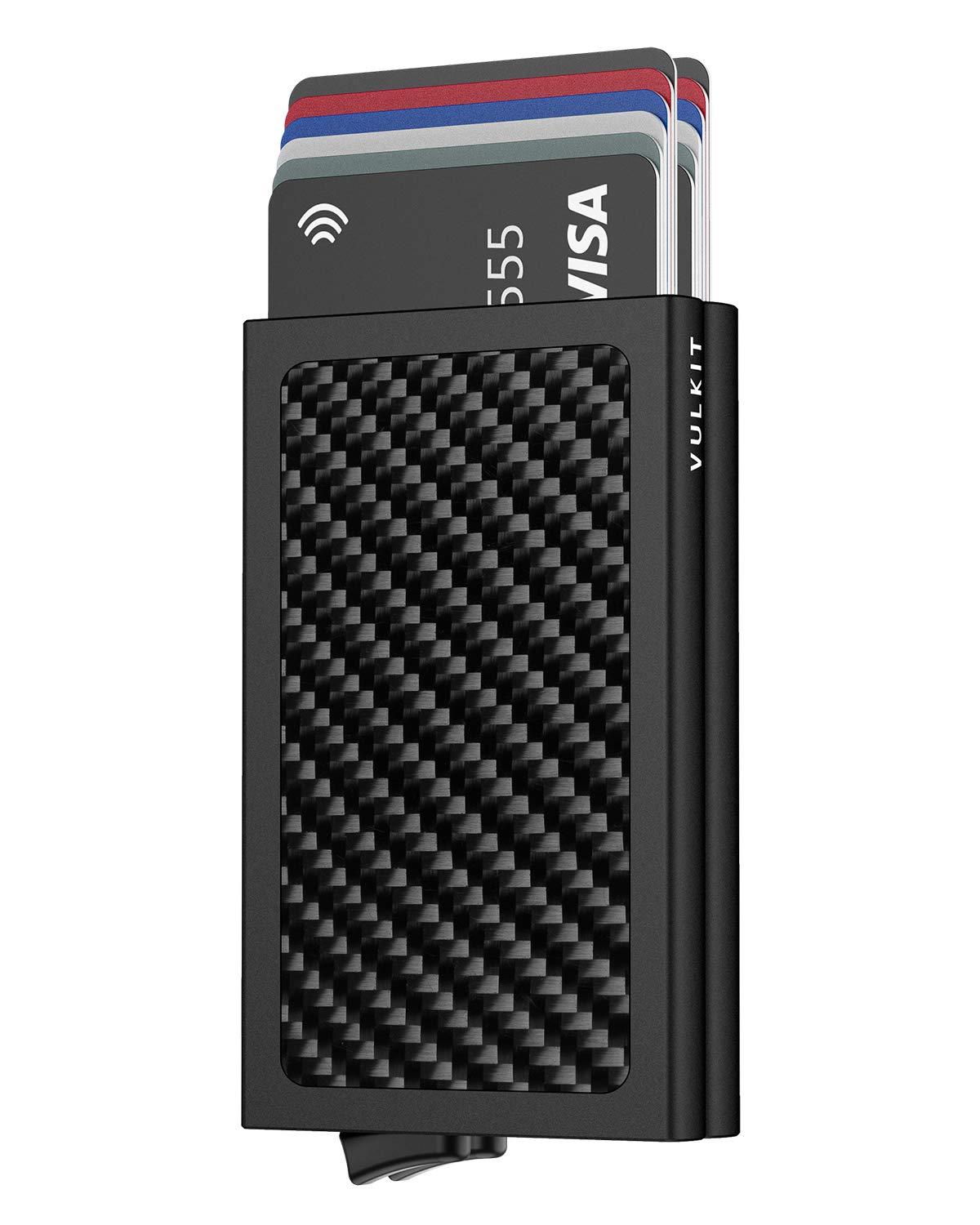 VULKIT Credit Card Holders RFID Blocking Carbon Fiber Double Bank Card Cases Automatic Pop Up Card Wallet, Holds 10 Cards