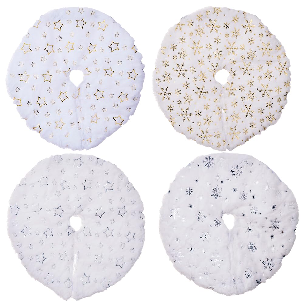 4PCS White Christmas Tree Skirt,Fur Christmas Tree Skirt Base Cover,38cm Christmas Tree Base,Floral Tree Skirt Set with Silver and Gold Sequins,for Holiday Christmas New Year Decorations