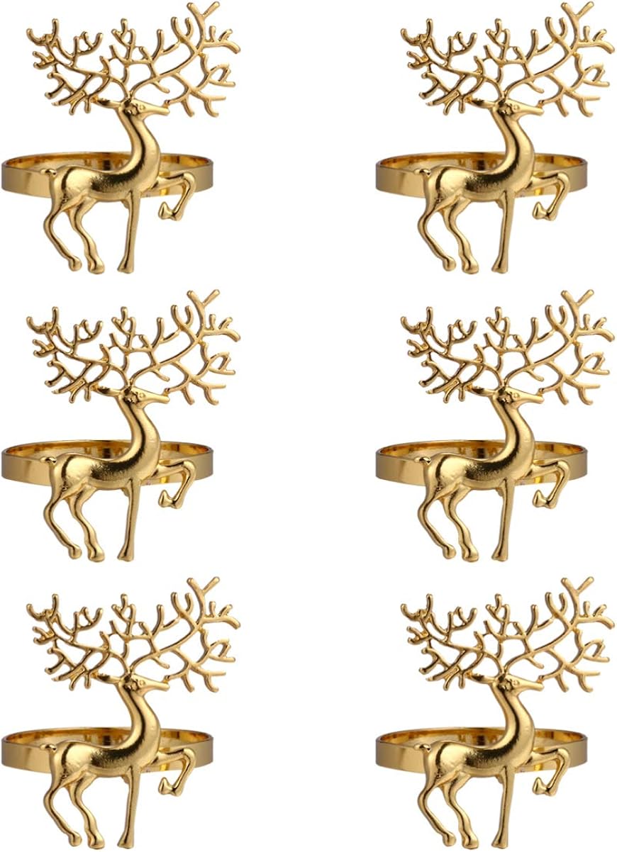 PRETYZOOM 6 Stück Weihnachtshirsch Serviettenring Legierung Tier Serviette Schnalle Ring für Küche Restaurant Thanksgiving Empfänge Hochzeit Abendessen Dekoration (Golden)