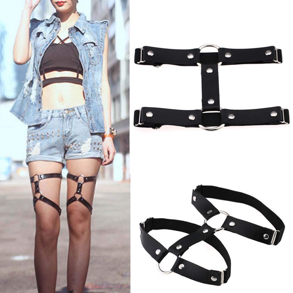 2PCs Adjustable Faux Leather Leg Garter Belt, 2 Rows Thigh Garters for Women Parties, Black/Red/Pink/White/Brown