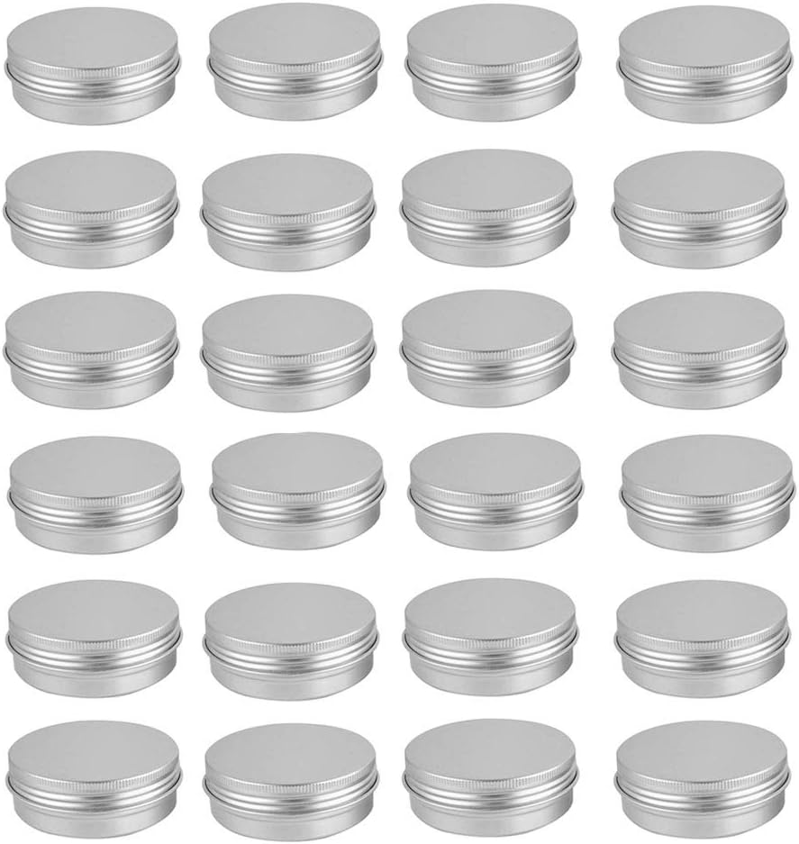 24 Pack 1 oz 30ml Screw Top Round Aluminium Tin Cans, Tin Storage Jar Containers for Cosmetic,Candles,Lip Balm,Make Up,Eye Shadow,Powder,Tea,Candies,Candle.(Silver)