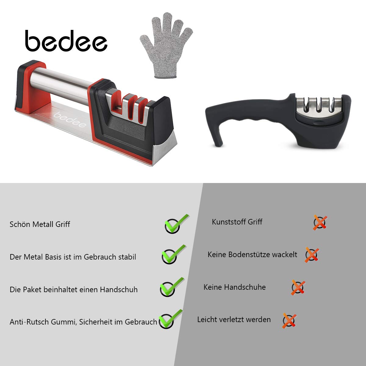 bedee Messerschärfer Knife Sharpener Messerschleifer für Edelstahl und Keramikmesser Küchen messerschärfer Steakmesser Messer Schärfen Schärfen Messer mit Schnittfeste Handschuhe (Metall) (Metall)