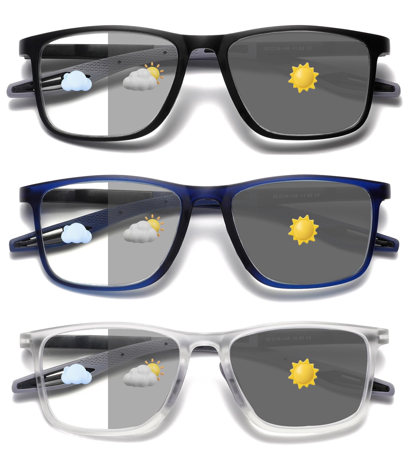 Photo 1 of Hubeye Photochromic Reading Glasses for Men and Women TR90 Sport Reader Anti Glare UV Ray Filter ?Matte black+Matte blue+Transparent?+1.0