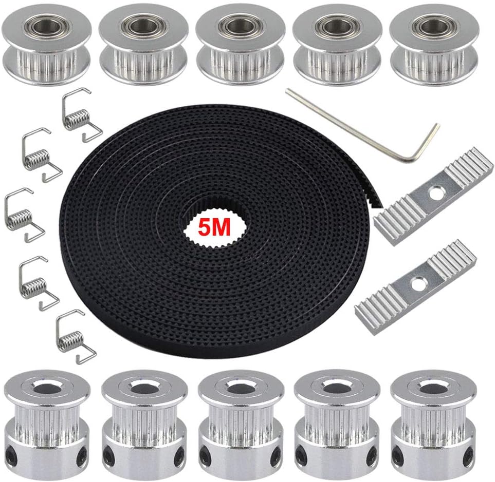 QitinDasen 5m 3D Printer GT2 Timing Belt Kit, 2mm Pitch 6mm Width Rubber Timing Belt, with 5Pcs 5mm 20-Teeth Timing Pulley