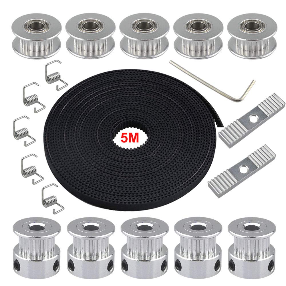 QitinDasen 5m 3D Printer GT2 Timing Belt Kit, 2mm Pitch 6mm Width Rubber Timing Belt, with 5Pcs 5mm 20-Teeth Timing Pulley, 5Pcs Idler, 5Pcs Tensioner Spring Torsion and 2Pcs Gear Clamp Mount Block
