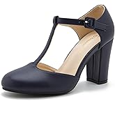 Women's T-Strap Mary Jane Pumps, Chunky Heel, Vintage Style, Cut Out, 3.54 Inch Round Toe Dress Shoes