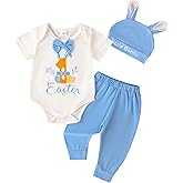 Thilsidee Newborn Baby Boy Girl Easter Day Clothes Set Short Sleeve Rabbit Romper Long Pants Hat My First Easter Outfits