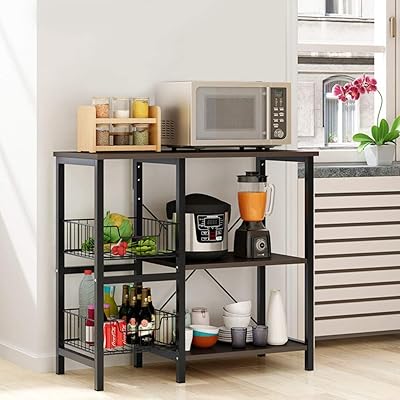 Free-Standing Baker's Rack with Mesh Baskets and Microwave Holder
