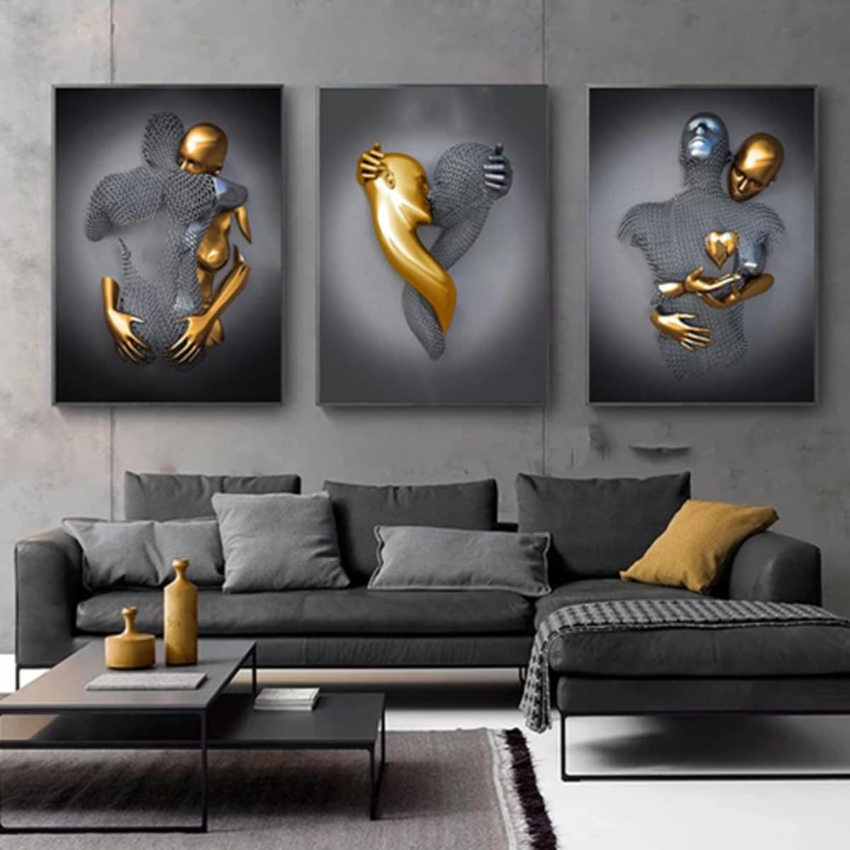 MKHFUW 3D Metal Figure Statue Art Love Heart Kiss Pictures Wall Art Living Room Wall Decoration - Without Frame (Poster 05.30 x 40 cm x 3) — image 1