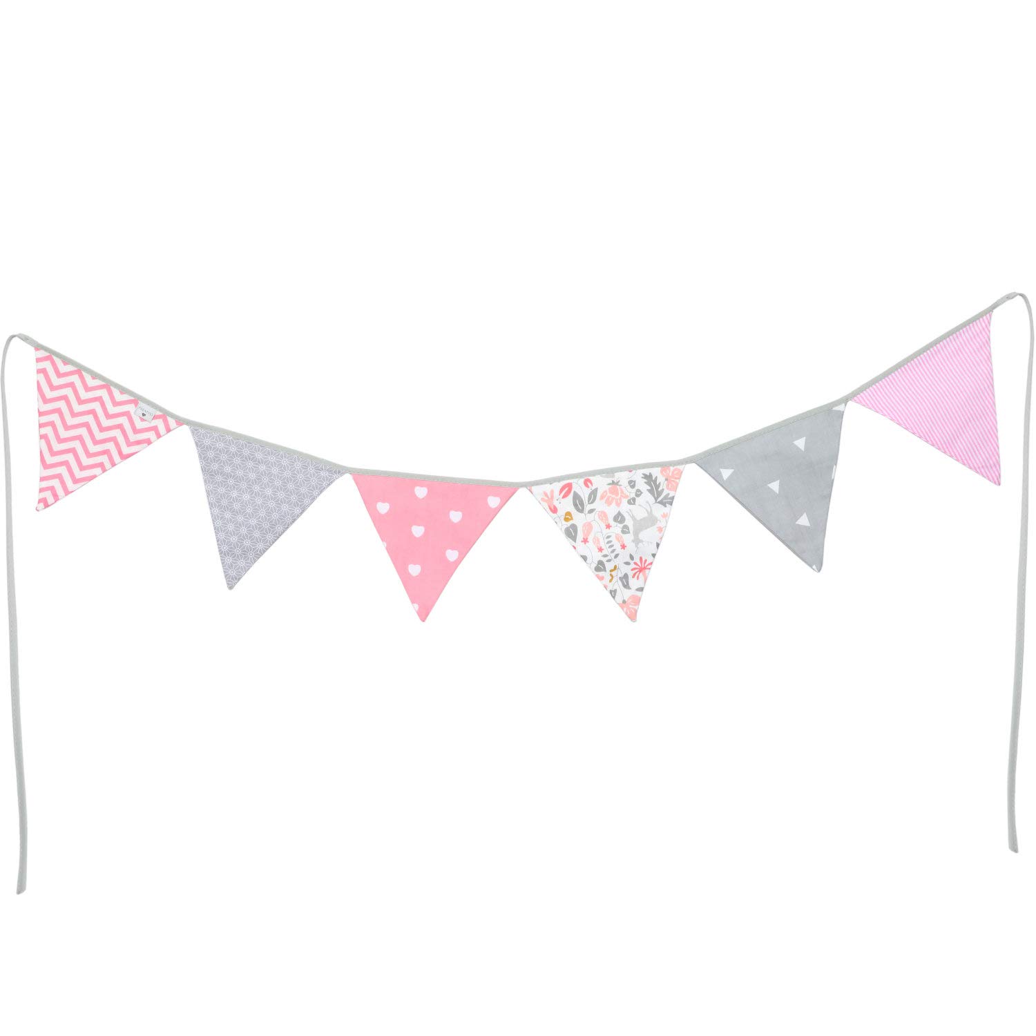 PREMYO Fabric Bunting Flags - Baby Shower Decorations Girls Nursery - Colourful Double Sided Banner Pink Grey
