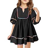 Haloumoning Girls 3/4 Lantern Sleeve Dress Kids Casual V Neck A-Line Flowy Dresses with Pockets 5-14 Years