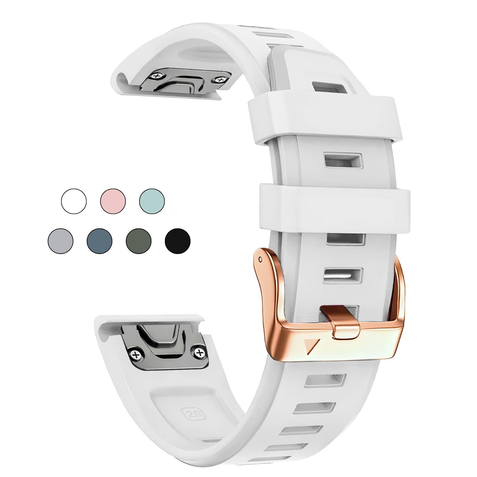 OUTVI 20mm Watch Band for Garmin fenix 5s fenix 6s fenix 7s pro soft silicone with Rose Gold buckle quick fit 20 bands Replacement for garmin epix pro gen 2 42mm long strap women White