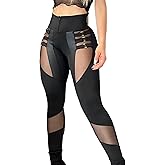xxxiticat Women's Black Legging Pants High Waist Buckle Hollow Out Cutout Slim Patchwork Sheer Mesh Bodycon Skinny Trousers