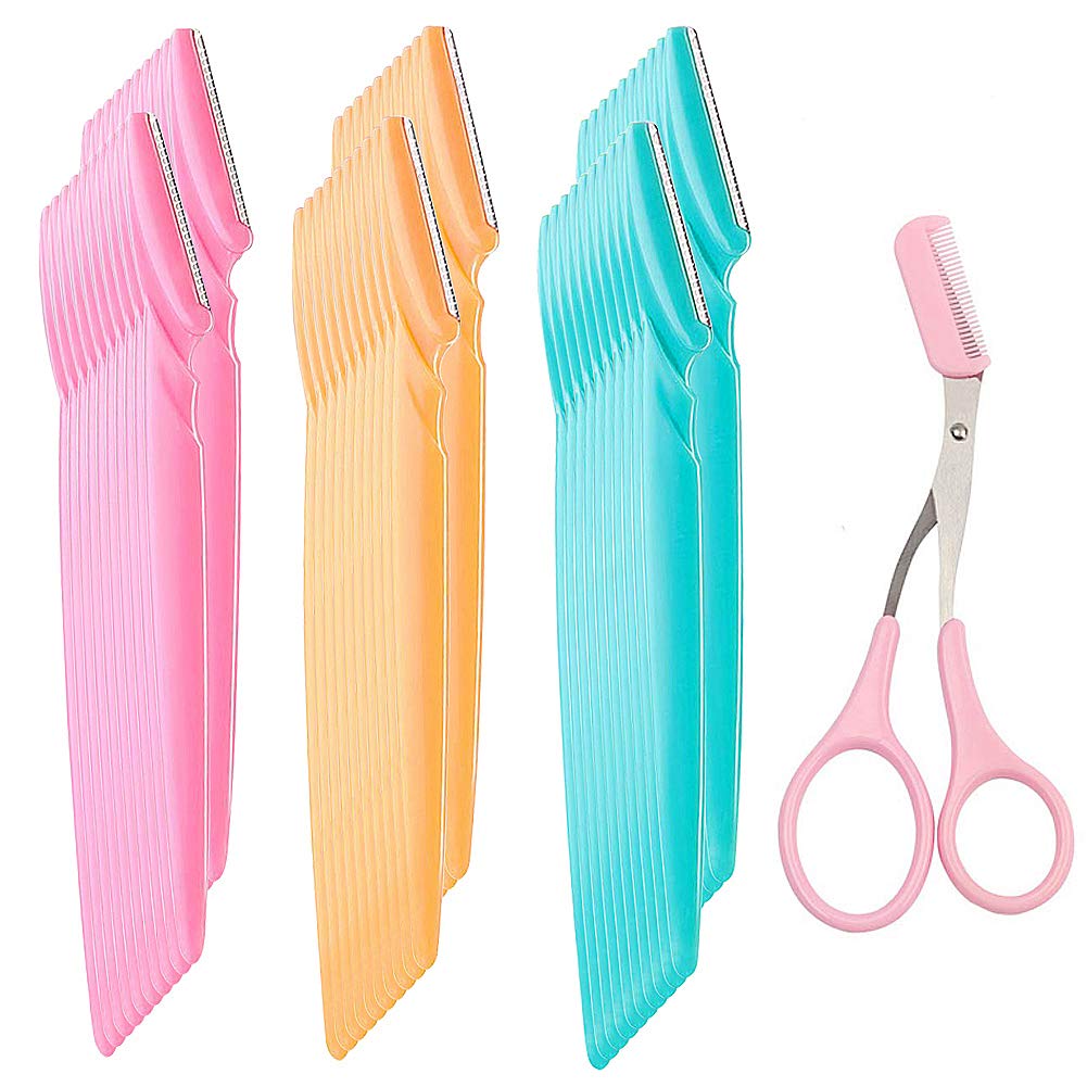 60 Pcs Eyebrow Razors and 1Eyebrow Scissor pink