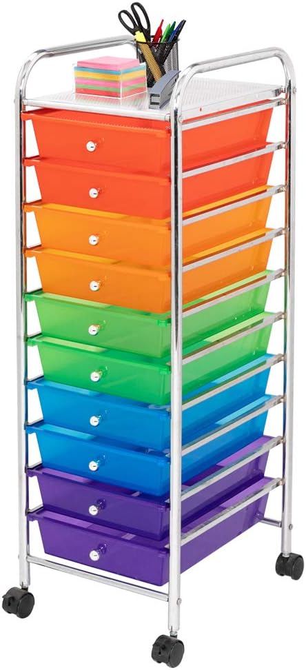 Drawer Carts Trolleys Organizer Cart.Multiple Drawers and Colors. Lock The Wheels.Enough Storage Space.Ideal Storage Box for Home, Office and School.Steel Frame Plastic Boxes (Multi-Color, 10-Drawer)