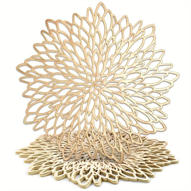 Photo 1 of 10pcs Vintage Golden Openwork Placemats PVC Elegant Round Leaf Gold Foil Placemats Hibiscus Flower Placemat Dining Table Decor