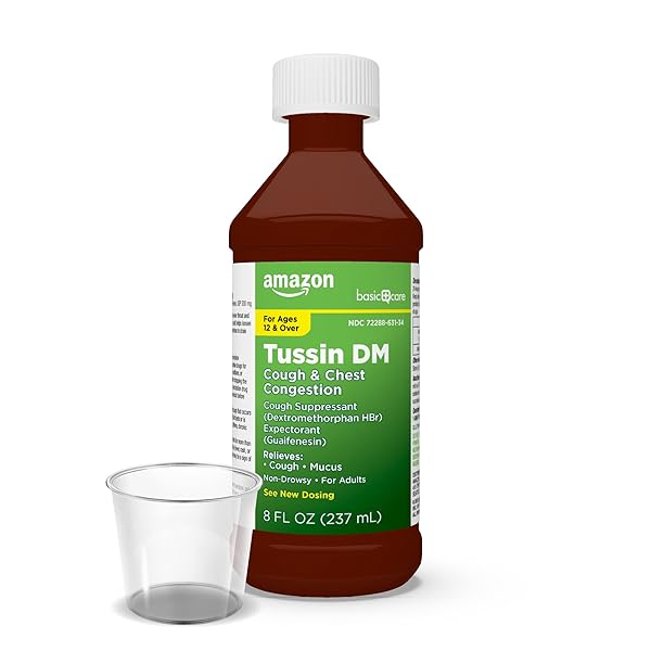 AMAZON BASIC CARE TUSSIN COUGH PLUS CHEST CONGESTION DM SYRUP, NON-DROWSY EXPECTORANT, MUCUS RELIEF, RASPBERRY FLAVOR, 8 FL OZ (PACK OF 1)