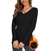 WOWENY Women Thermal Long Sleeve Shirt Fleece Lined Basic Fitted Tops Lace V Neck Undershirts Winter Tight Base Layer