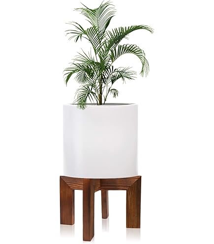 IZIDDO Mid-Century Plant Stand - Metal Rattan Design Holder For 5-12 Inch Pots (White)