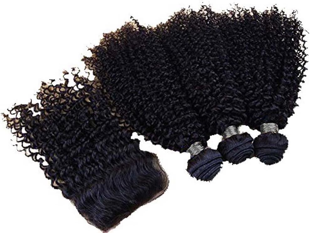 SAOMAI 4Pcs/Lot Unprocessed 6A Grade Brazilian Kinky Curly Virgin Hair Weave With Closure 3Pcs 100% Virgin Human Hair Extensions Weft Bundles With Top Lace Closures 44 (16"18" 20" with 12" closure)
