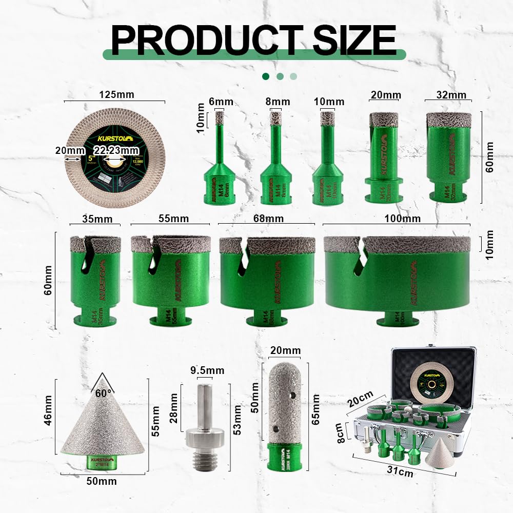 Diamant Fliesenbohrer Set - KURSTOL Diamantbohrer 6/8/10/20/32/35/55/68/100MM+20MM Fingerfräs Bit+50MM Fasenbits+125MM Trennscheibe+Dreiecks Adapter für Porzellan Keramik Fliesen Granit Marmor 2