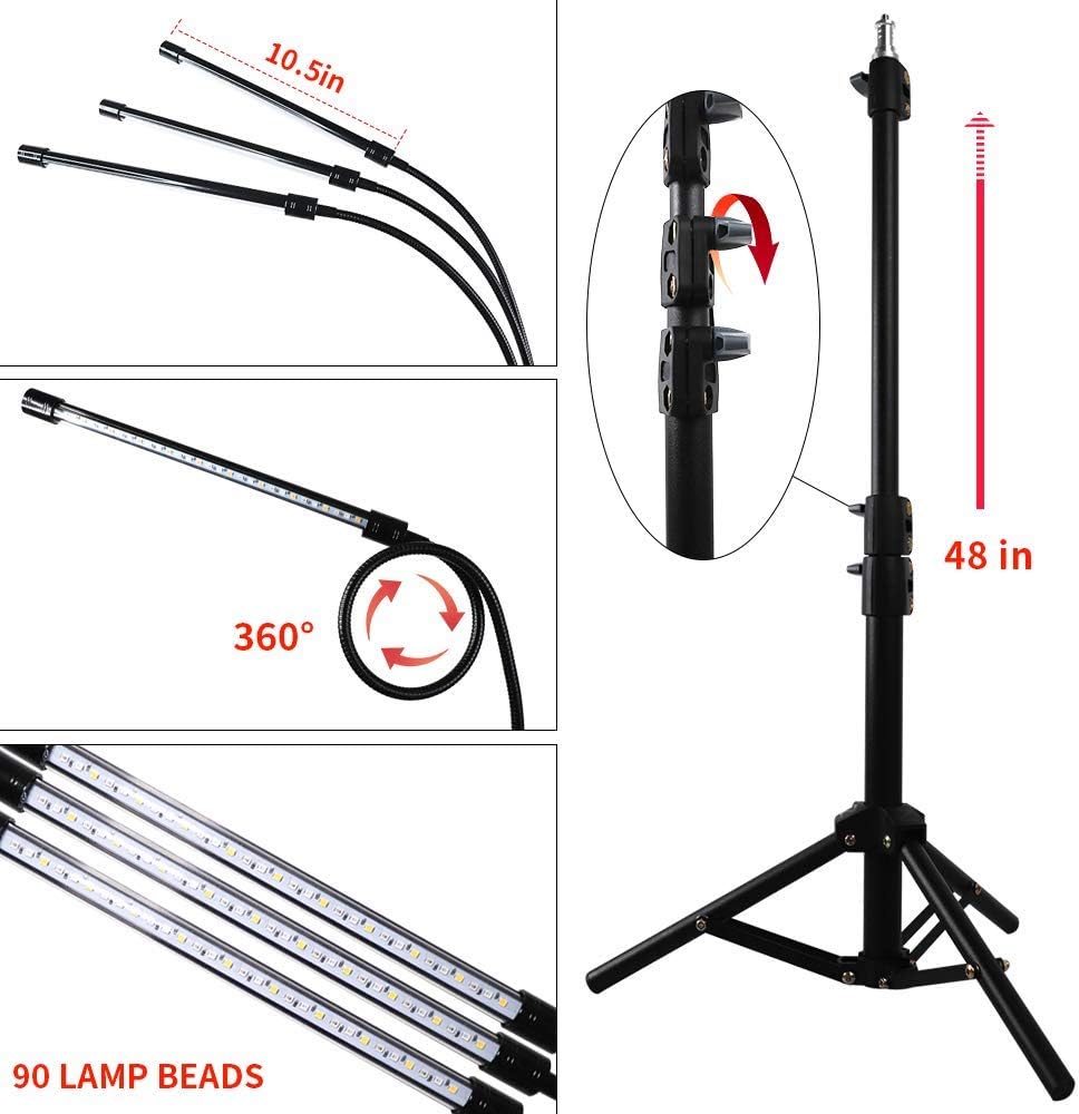 Grow Light with Stand,GHodec Tri-Head 60W Floor Plant Lights for Indoor Plants, Tripod Stand Adjustable 15-48 in,3/9/12H Timer & 3 Modes: Home Improvement