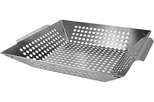 Navaris Stainless Steel Grill Basket - Large BBQ Grilling Pan Heavy Duty Wok Barbecue Tray (13.8 x 11.8 x 2.4 inches) for Roasted Veggies Meat Fish