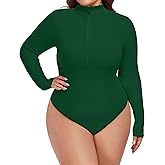 FOREYOND Plus Size Bodysuits for Women Long Sleeve Scoop Neck Bodysuit Sexy One Piece Body Suit Tops