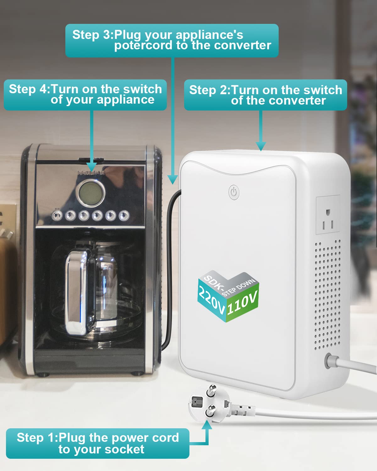 220v to 110v Step Down Transformer 1000W Power Voltage Converters, No Noise, Suit for Coffee Machines, Rice Cookers and Other Kitchen Appliances，Using US and Japan Appliance in Asia or Europe