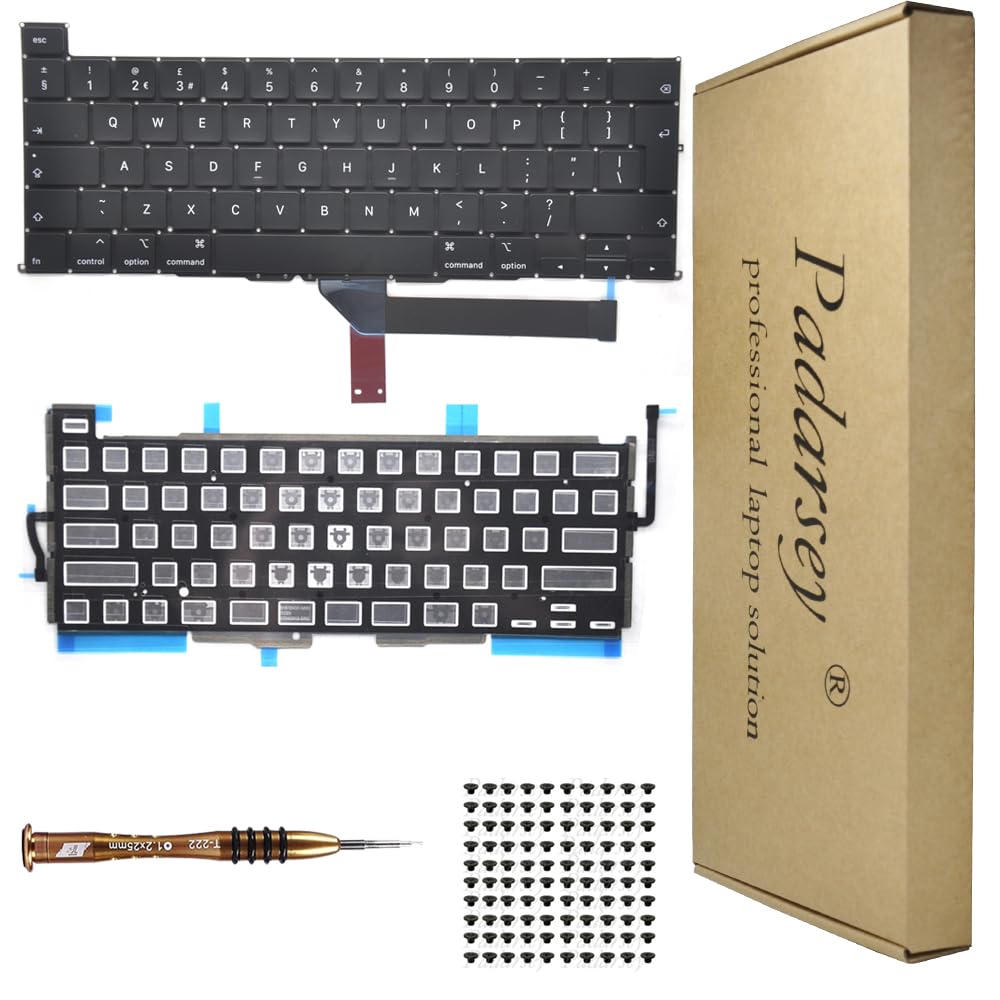 Pardarsey Replacement Backlight Backlit UK Layout Keyboard Compatible with MacBook Pro 16 inch with Touch Bar A2141 Released 2019 UK Layout+Keyboard Screws+Screwdriver