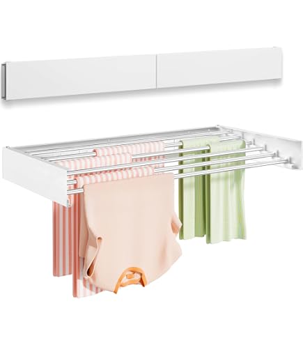 Homexa Wall Mounted Drying Rack, Carbon Steel Panel Extending Laundry Rack With 5 Aluminium Rods 60 Lbs Capacity Of Wall Drying Rack Installation Kit With Screws Anti Fall Mechanism White