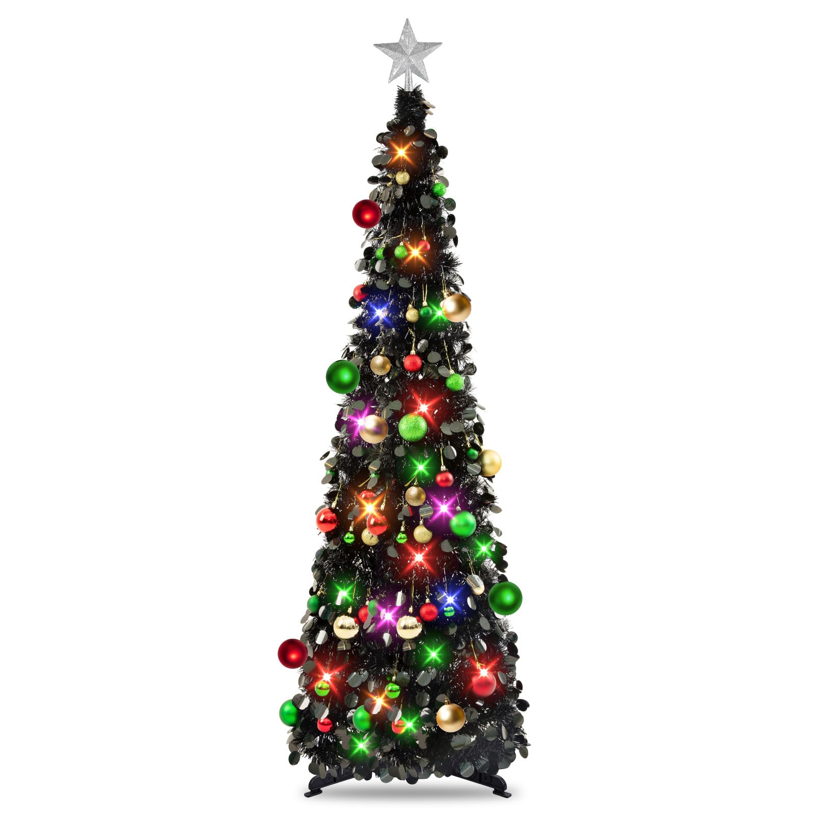 MACTING Christmas Tree, 5ft Collapsible Pop up Christmas Tinsel Tree with Stand Tinsel Coastal Artificial Christmas Trees for Xmas Indoor Outdoor Decor (Black)