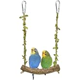Hiwzitar Natural Wood Bird Swing Perch with Decorative Leaves | 7.1" Longth Durable Bird Stand Toy, Hanging Budgie Parakeet Hammock Accessories for Lovebirds, Cockatiels, Conures, Finches