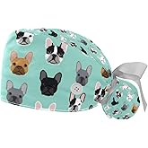 2pcs Working Caps with Buttons, French Bulldog Head Long Hair Scrub Hats Ponytail Holder for Women