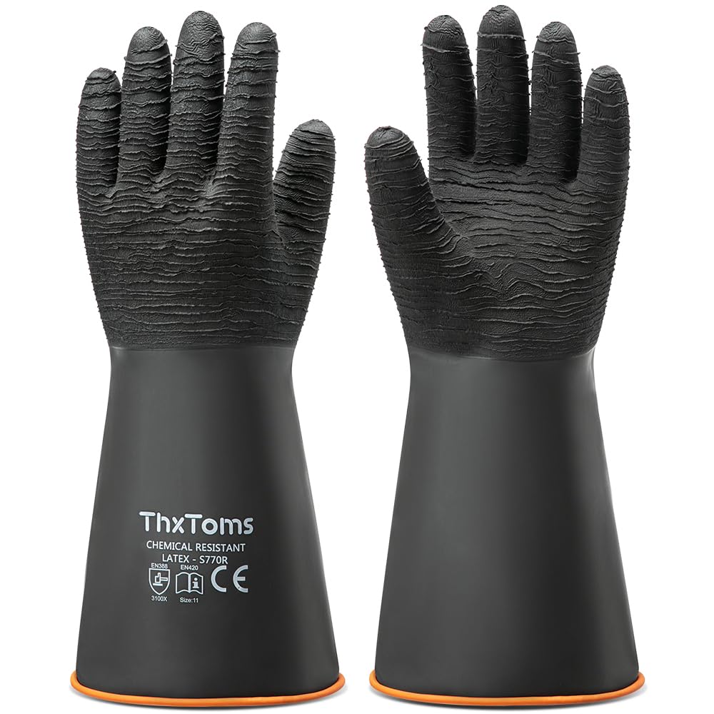 ThxToms Heavy Duty Rubber Gloves, Industrial Chemical Resistant Gloves Waterproof Reusable Protective Work Gloves for Cleaning, Dishwashing,Anti-Slip Design, Soft and Thick, Black, 14" 1 Pair