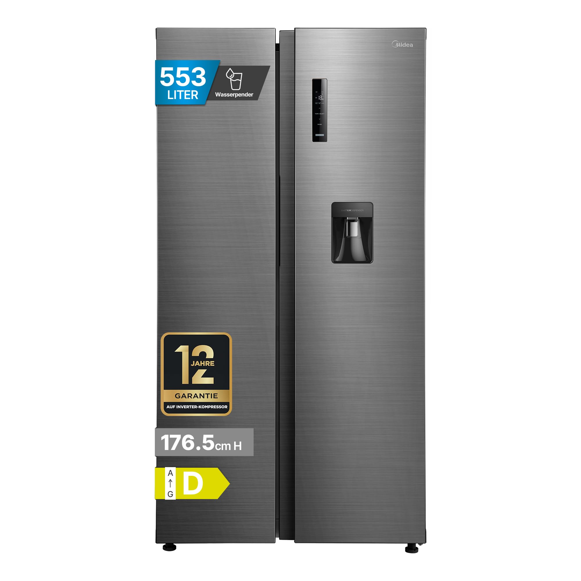 Midea 553 L Side-by-Side Kühlschrank mit Wasserspender und 3L Wassertank | No Frost, 37 dB, Dual-Inverter, Smart-Cooling, Aktive Geruchsneutralisation, 176,5 cm H, Steel Gray MDRS710FGD46W