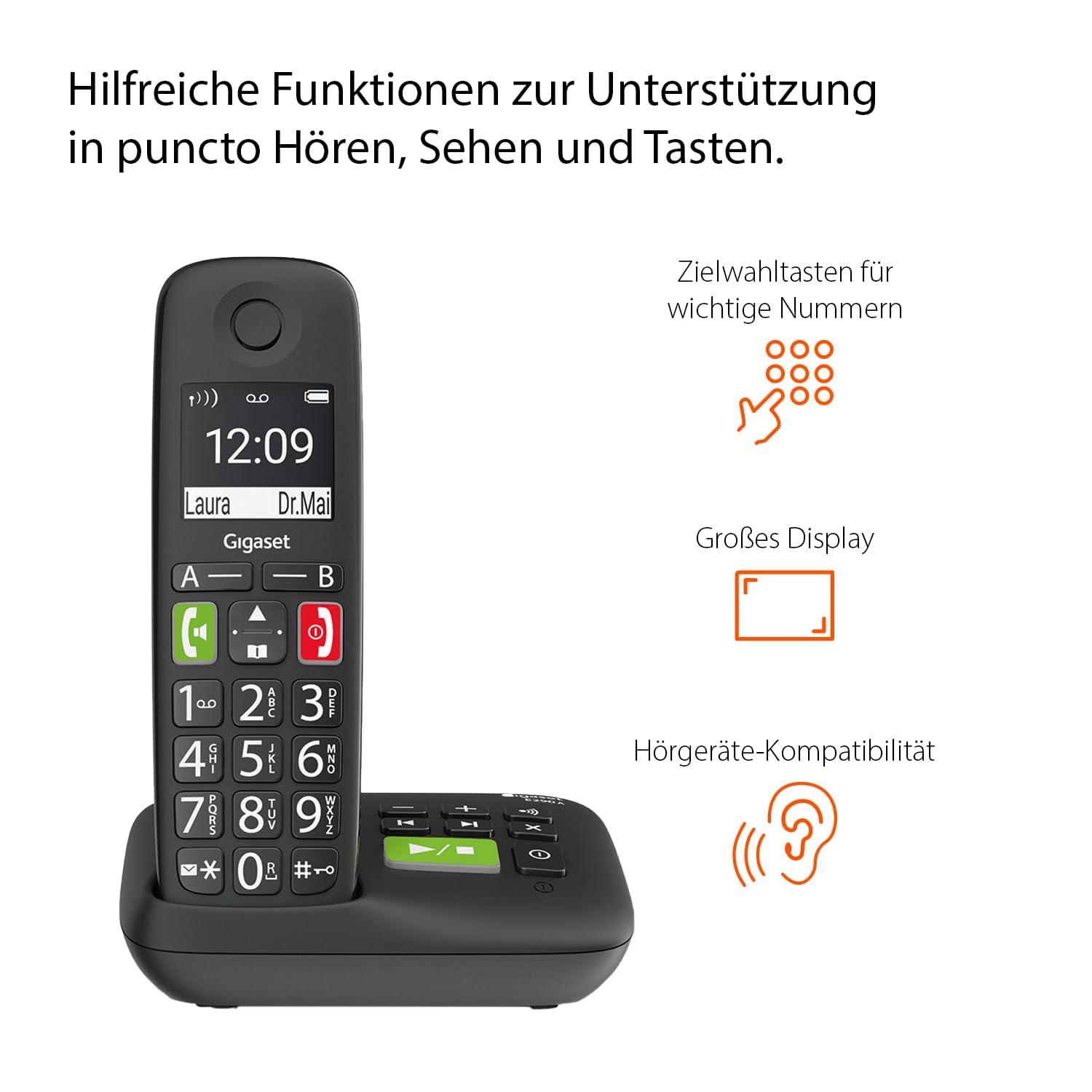 Gigaset E290A DUO - 2 Schnurlose Senioren DECT-Telefone mit Anrufbeantworter - große Tasten, Zielwahltasten für wichtige Nummern, Verstärker-Funktion für lautes Hören, schwarz [Deutsche Version] 4