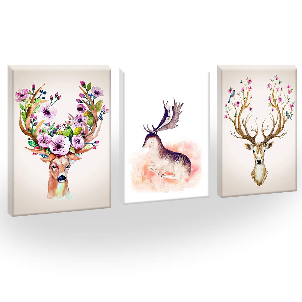 Loboo Idea Flowers and Wapits Canvas Wall Art Painting, Ready to Hang. Super Cute Water Color Unicorn Prints for Nursery or Girl's Bedroom Decor. Modern Watercolor Canvas Artwork (Size: 30x40cm)