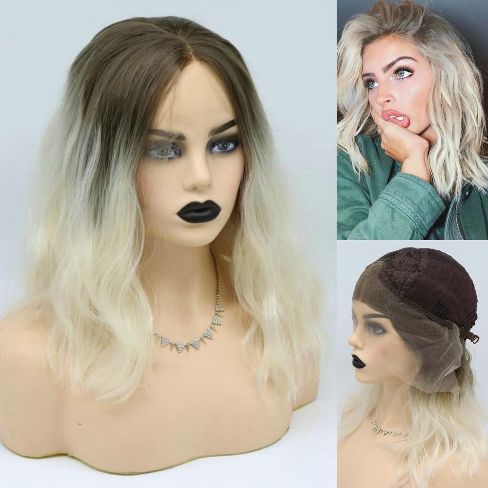 Shoulder Length Lace Front Wigs Short Bob Curly Wavy Wigs Pre Plucked Synthetic Heat Resistant Hair Natural Waves Daily Wigs for Women Cosplay (Brown Blonde Ombre)