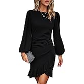 YNIQUE Women's Long Sleeves Dress 2025 Zipper Bodycon Mini Dress Ruffle Hem Round Neck Cocktail
