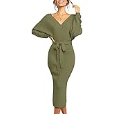 Chang Yun Women's Long Maxi Sweater Dresses Sexy Wrap Batwing V Neck Slit Open Back Holiday Bodycon Dress with Belt