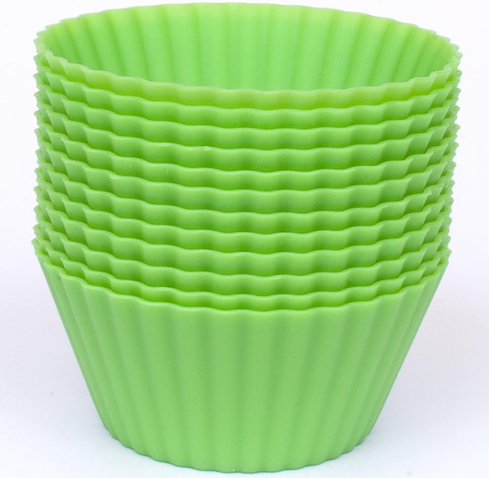 Silicone Cupcake Liners - Set Of 12 Premium Reusable Green Muffin Baking-Cups In Container.