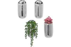 MyGift Modern Metallic Silver Ceramic Wall Hanging Planter Set, Wall Mounted Cylindrical Succulent Pot Flower Vase Pot, Set of 4